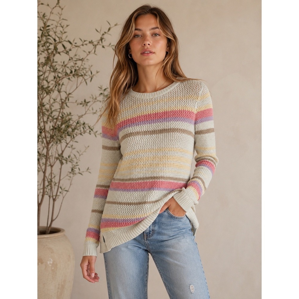 Chico's Striped Open Knit Pointelle Sweater Size 0 S Multicolor Cotton Blend